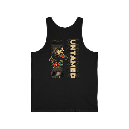Tank top featuring a panther next to the word 'Untamed', tattoo style