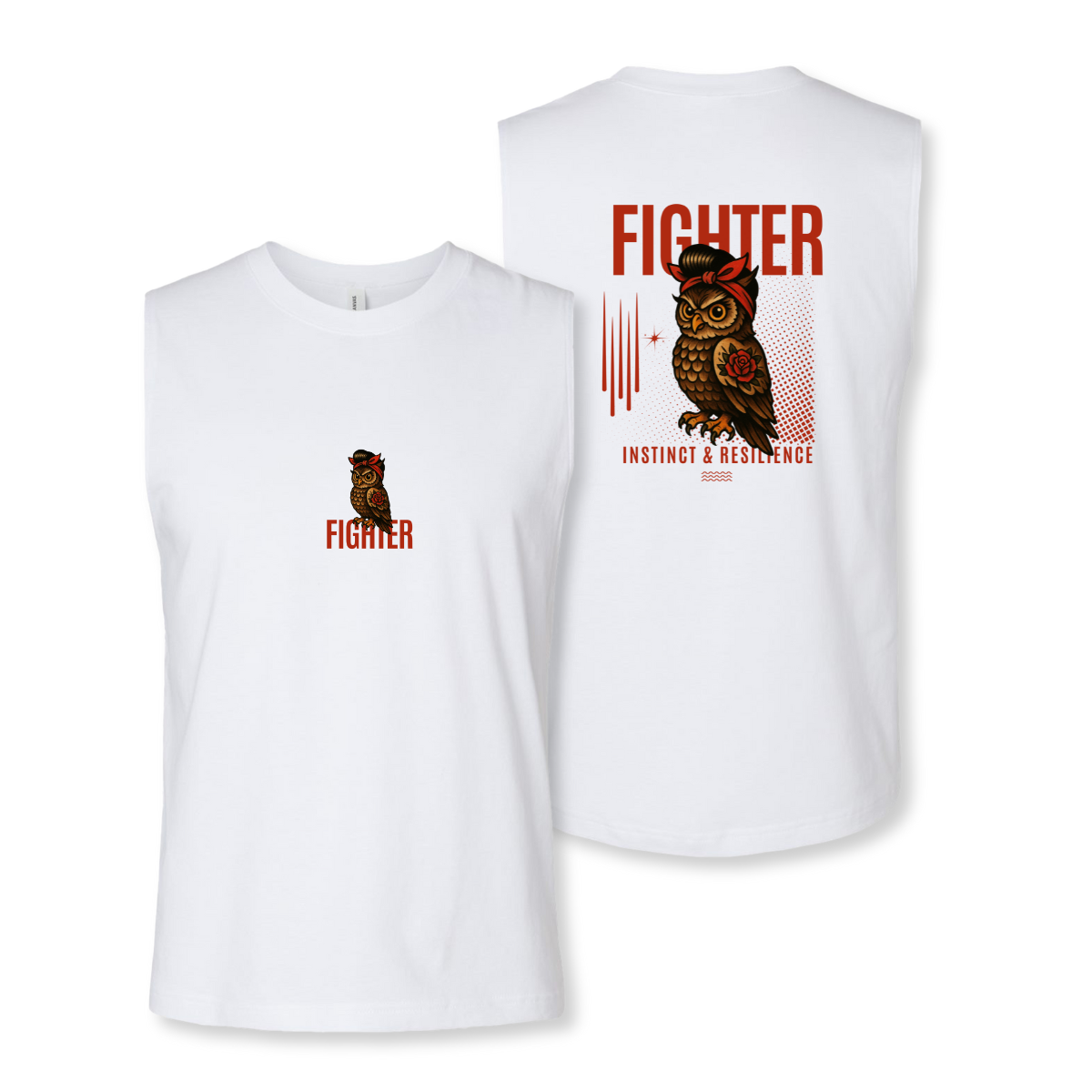 White sleeveless shirt with 'FIGHTER' design on front and owl graphic on back