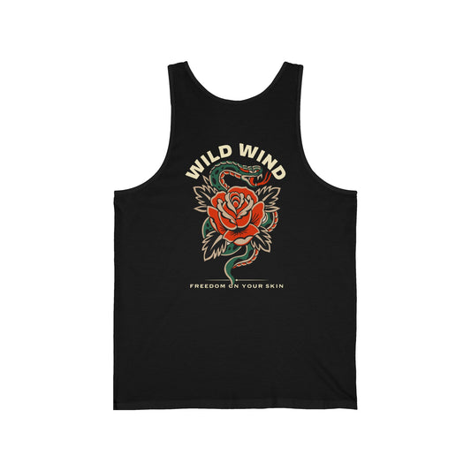 Wild Wind black tank top featuring an american classsic tattoo style snake