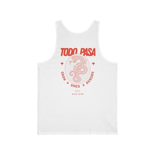 White tank top with red graphic and text on a white background