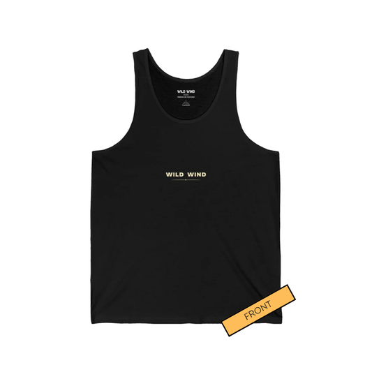 Black tank top with a minimalist 'WILD WIND'