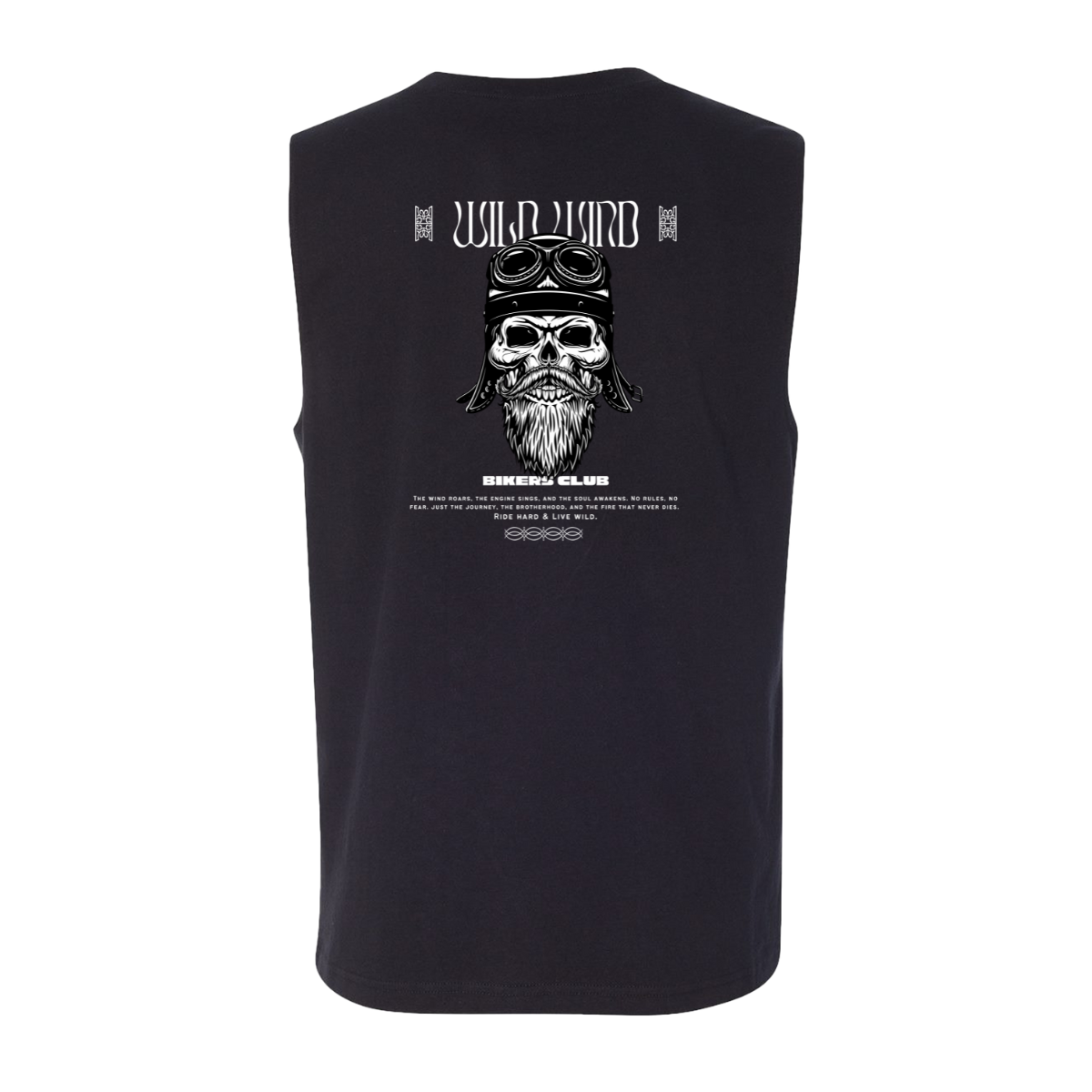Black sleeveless shirt with a graphic design on the back featuring a skull.