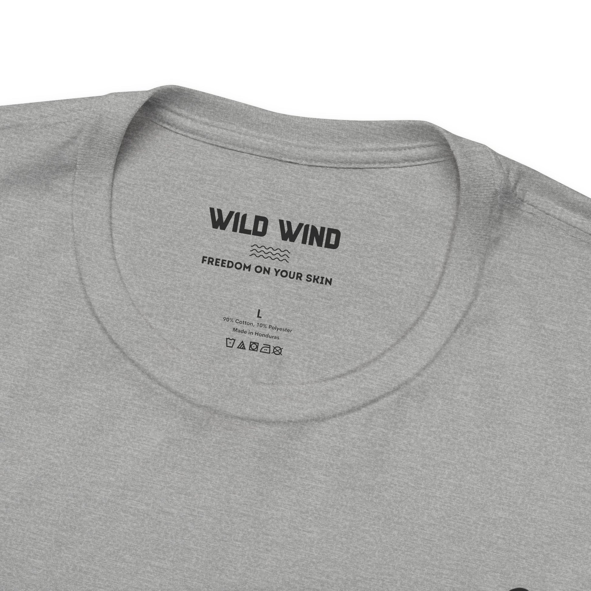 Gray t-shirt with 'Wild Wind' branding on the collar