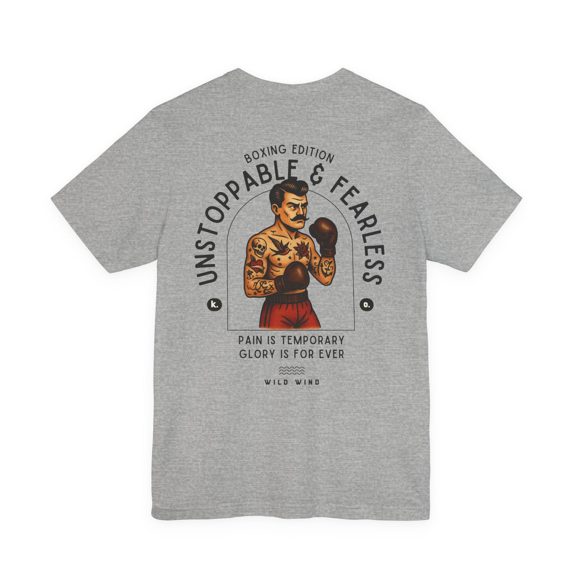 Gray t-shirt with a graphic of a boxer and text on the back, displayed on a white background.