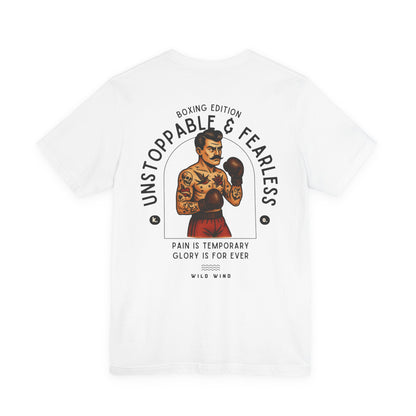White t-shirt with a graphic of a boxer and text on a white background