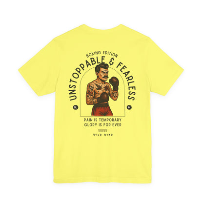 Yellow t-shirt with a graphic of a boxer and text on the back, on a white background