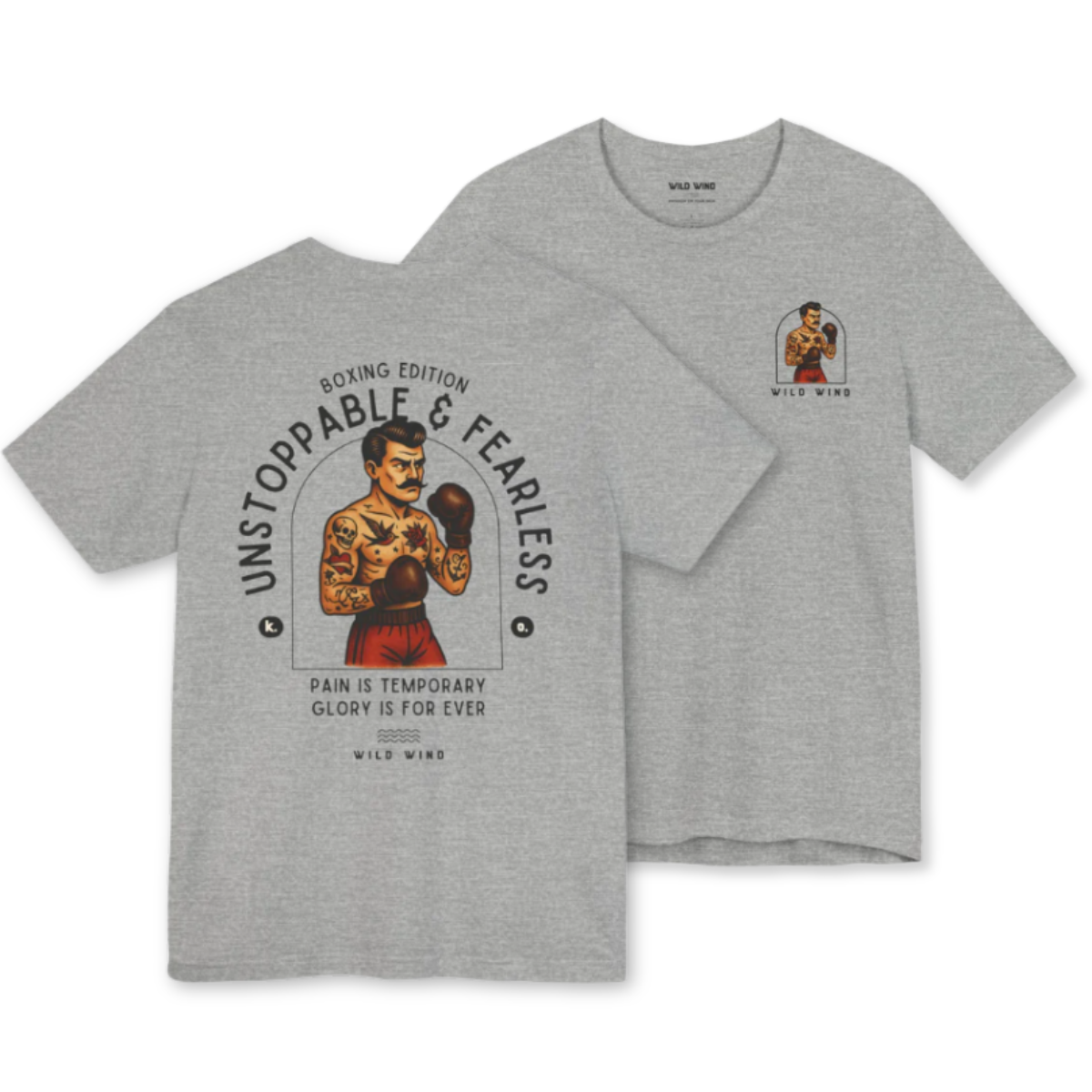 Gray t-shirt with boxing-themed graphic and text on a white background