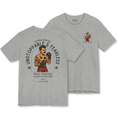 Gray t-shirt with boxing-themed graphic and text on a white background