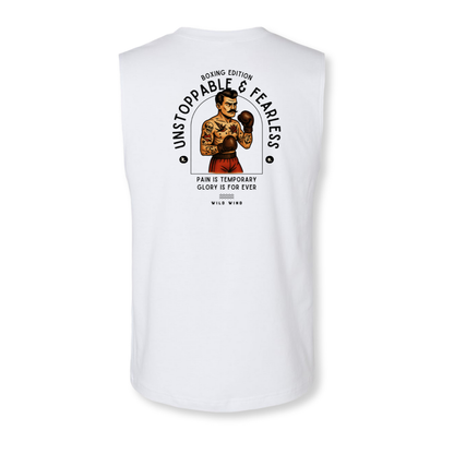 White sleeveless shirt with boxing-themed graphic and text on a white background