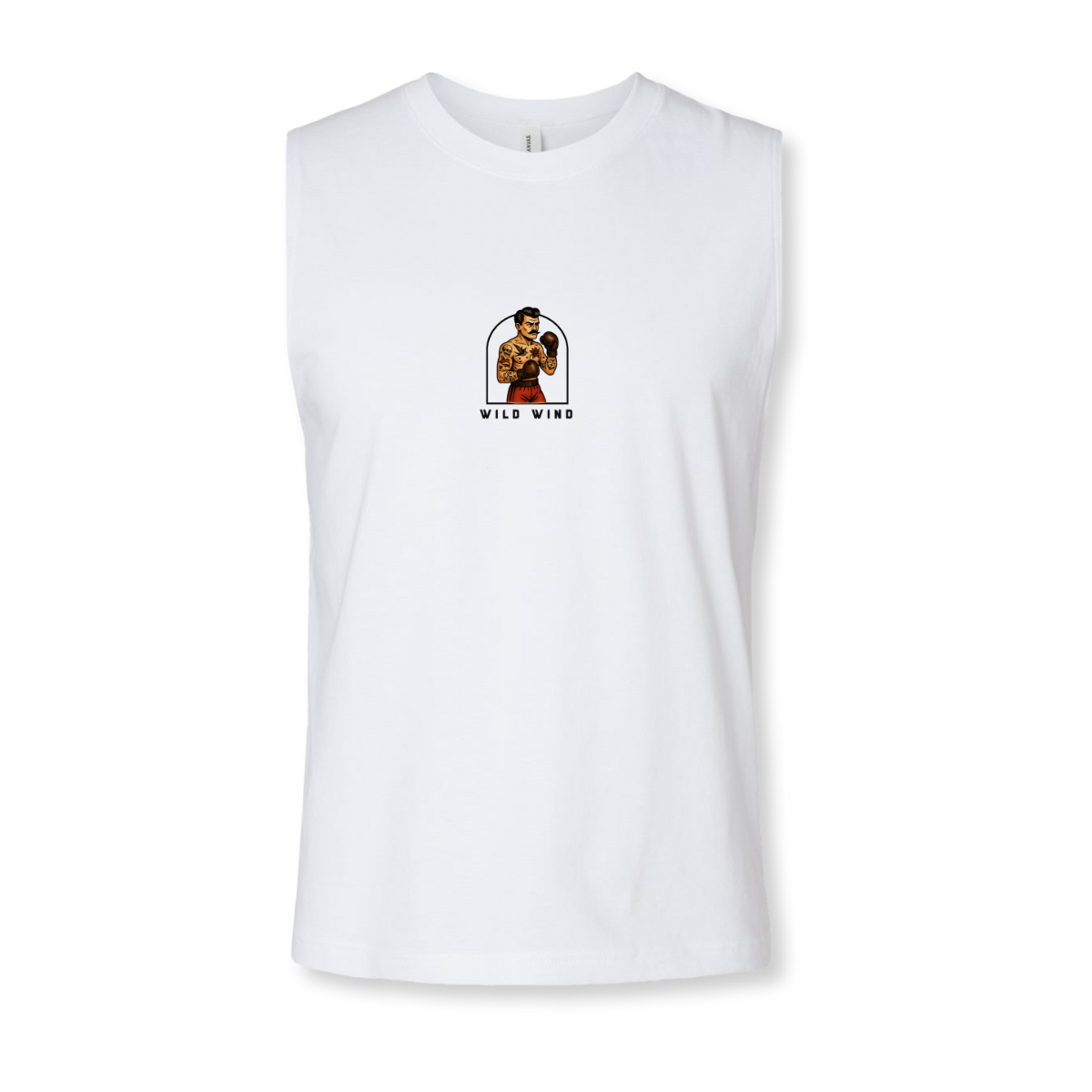 White tank top featuring a boxer in the middle of the chest