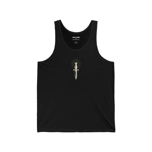 Black tantk top featuring a white Dagger in the center of the chest