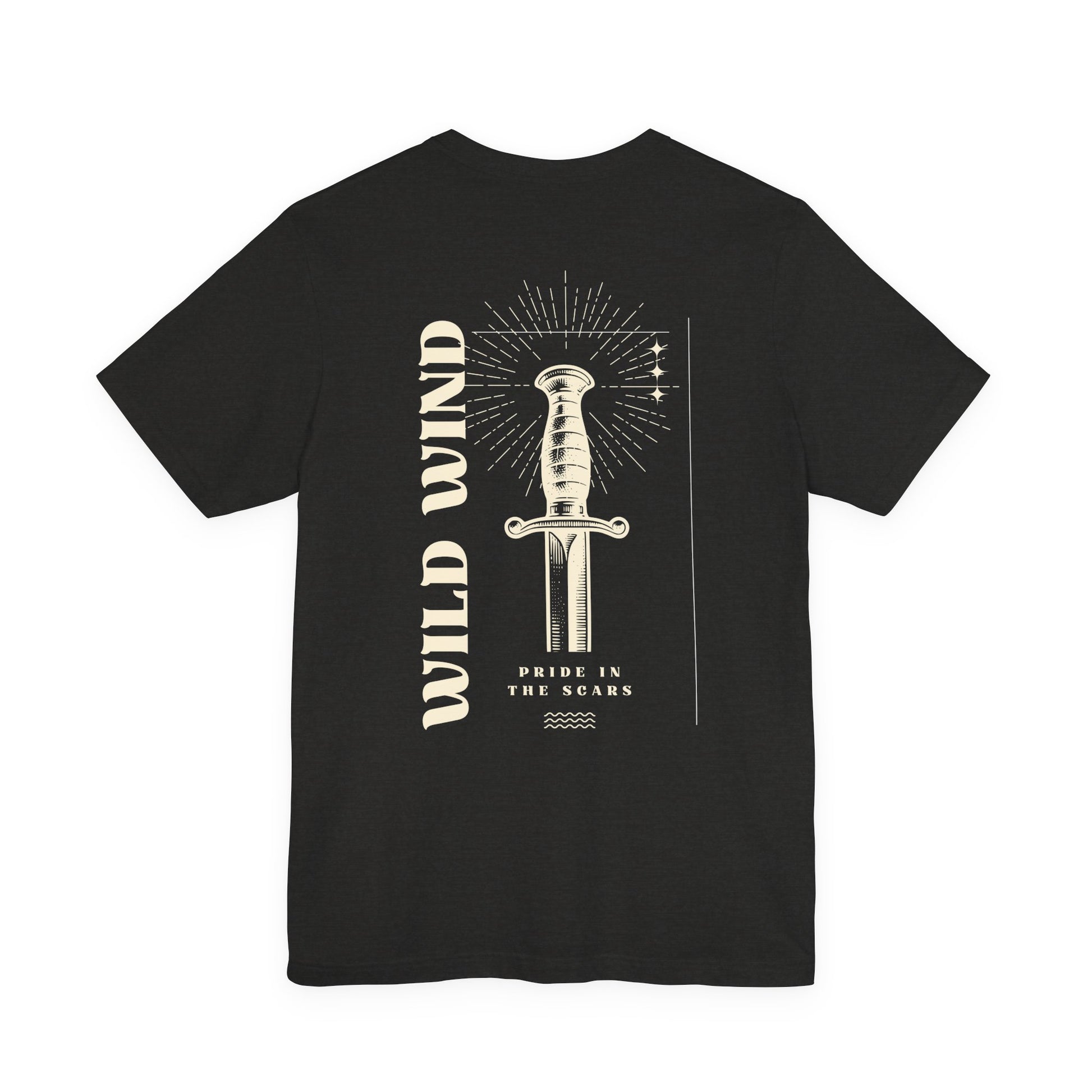 Dark grey t-shirt with a sword graphic and text on the back, on a white background