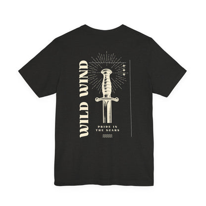 Dark grey t-shirt with a sword graphic and text on the back, on a white background