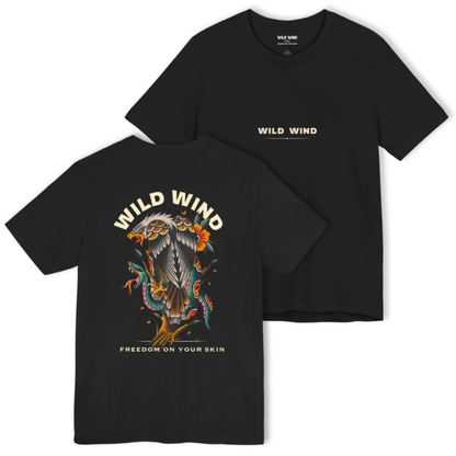 Black t-shirt with 'Wild Wind' branding and eagle design on a white background