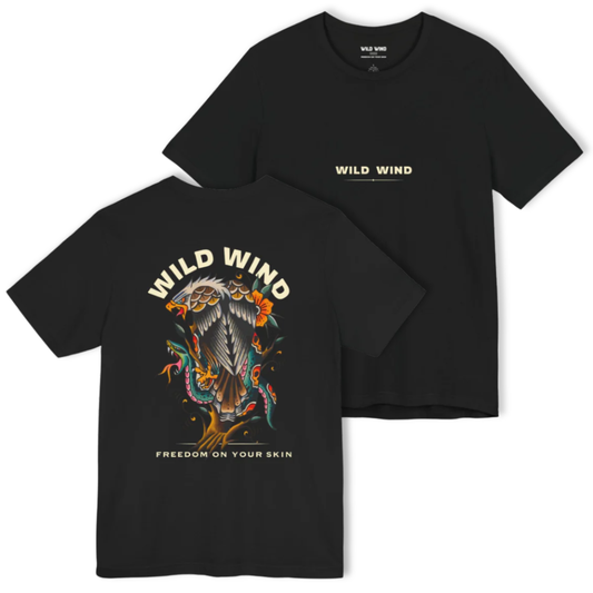 Black t-shirt with 'Wild Wind' branding and eagle design on a white background