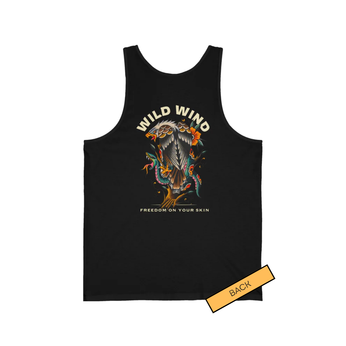 Wild Wind Black tank top with a Snake and Eagle fighting.