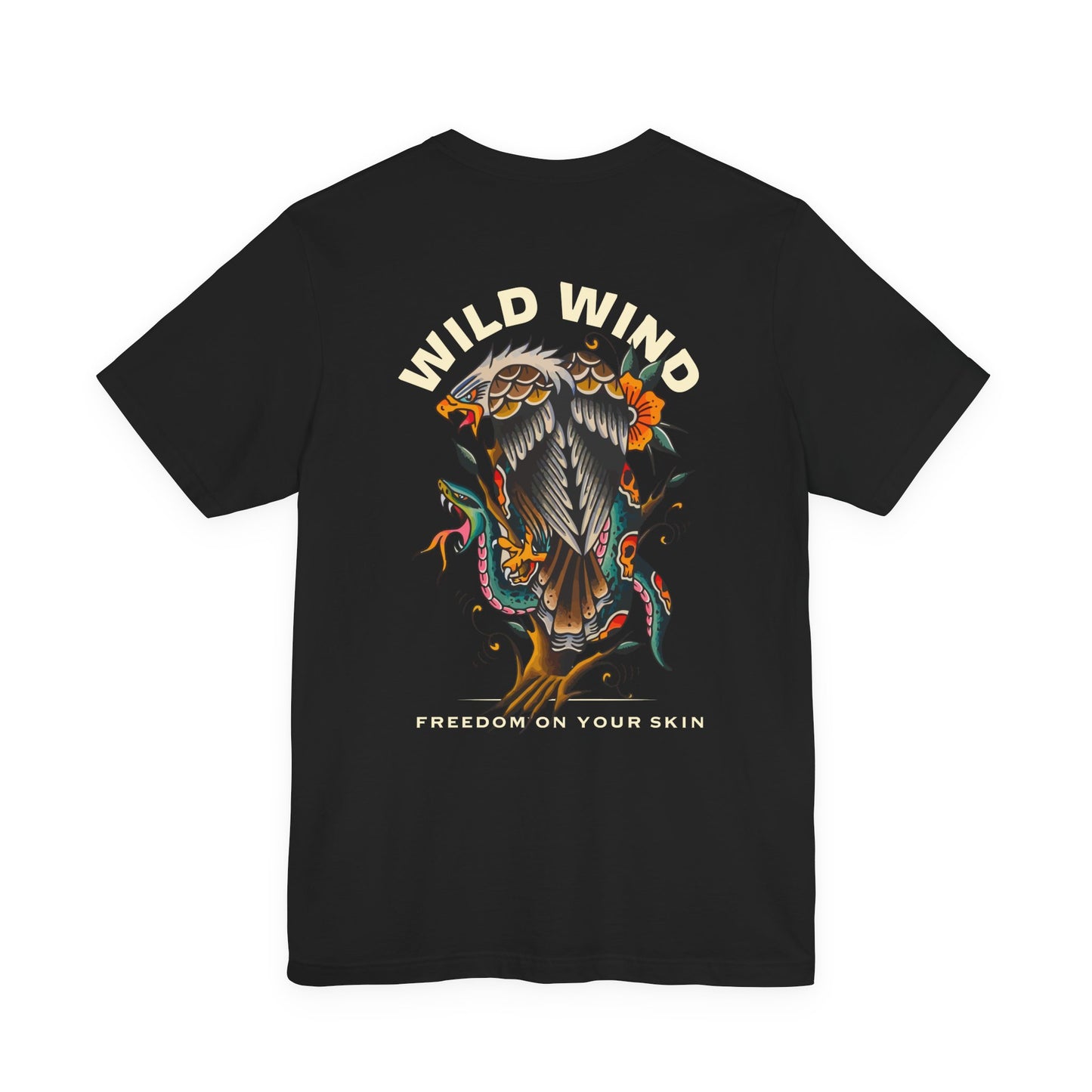grey t-shirt with a colorful eagle design and 'Wild Wind' text on the back.