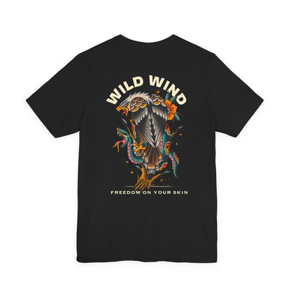 grey t-shirt with a colorful eagle design and 'Wild Wind' text on the back.