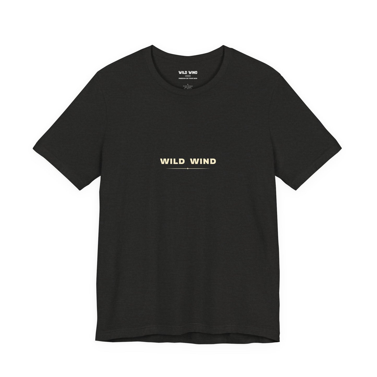 Black t-shirt with 'WILD WIND' text on a white background