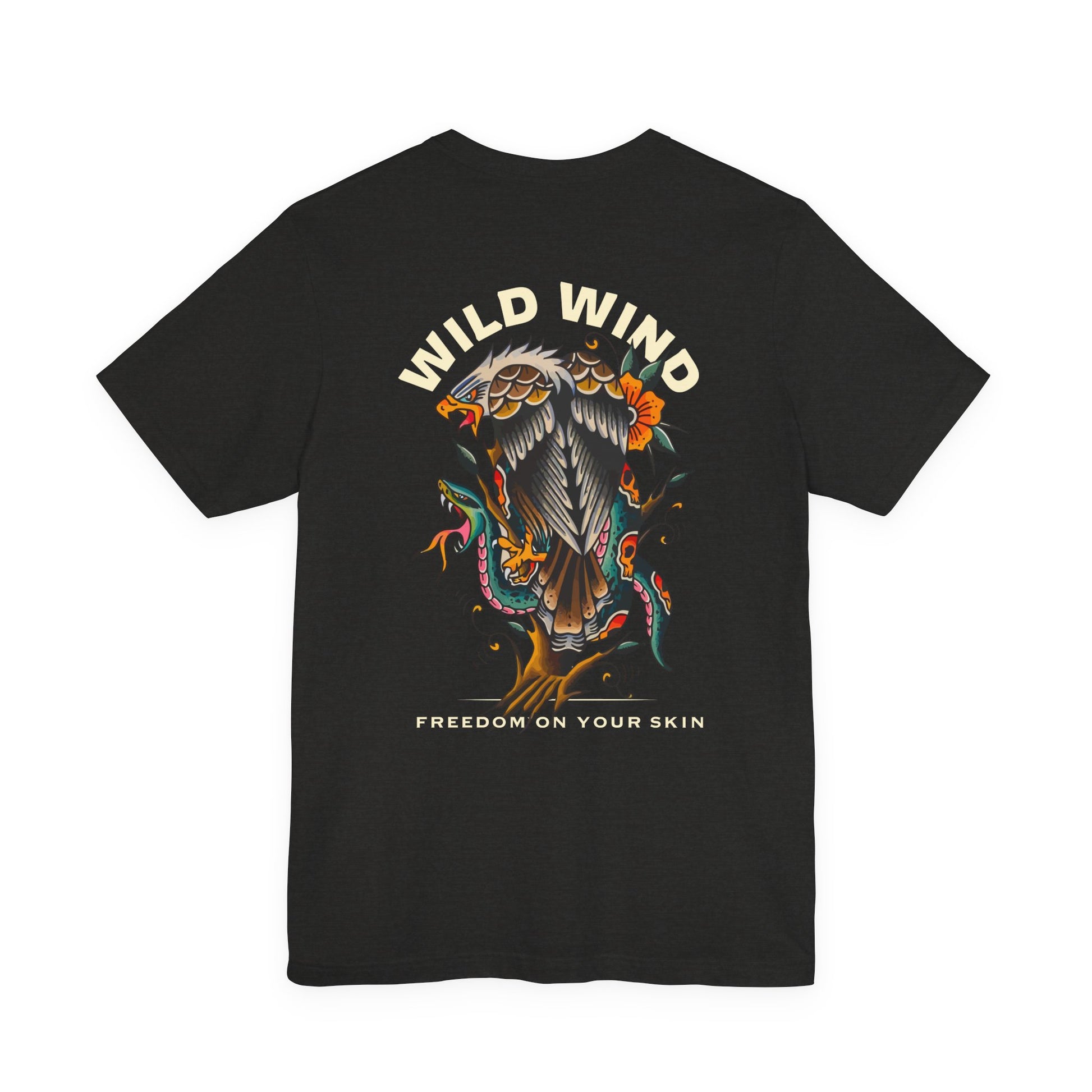 Black t-shirt with 'Wild Wind' eagle and snake tattoo inspired design.