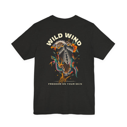 Black t-shirt with 'Wild Wind' eagle and snake tattoo inspired design.