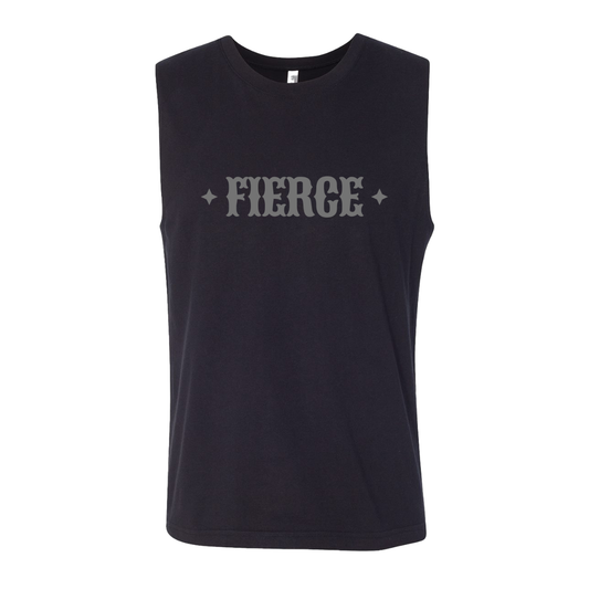 Black sleeveless shirt with 'FIERCE' text on a white background