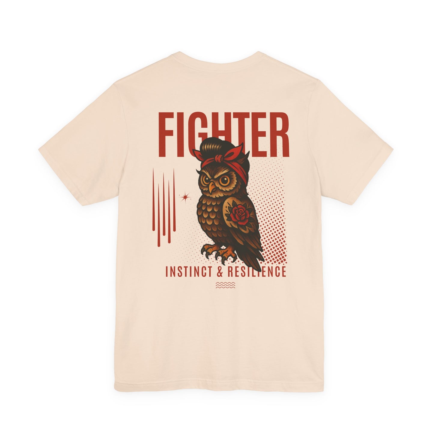 Beige t-shirt with an owl graphic and the text instinc and resilience