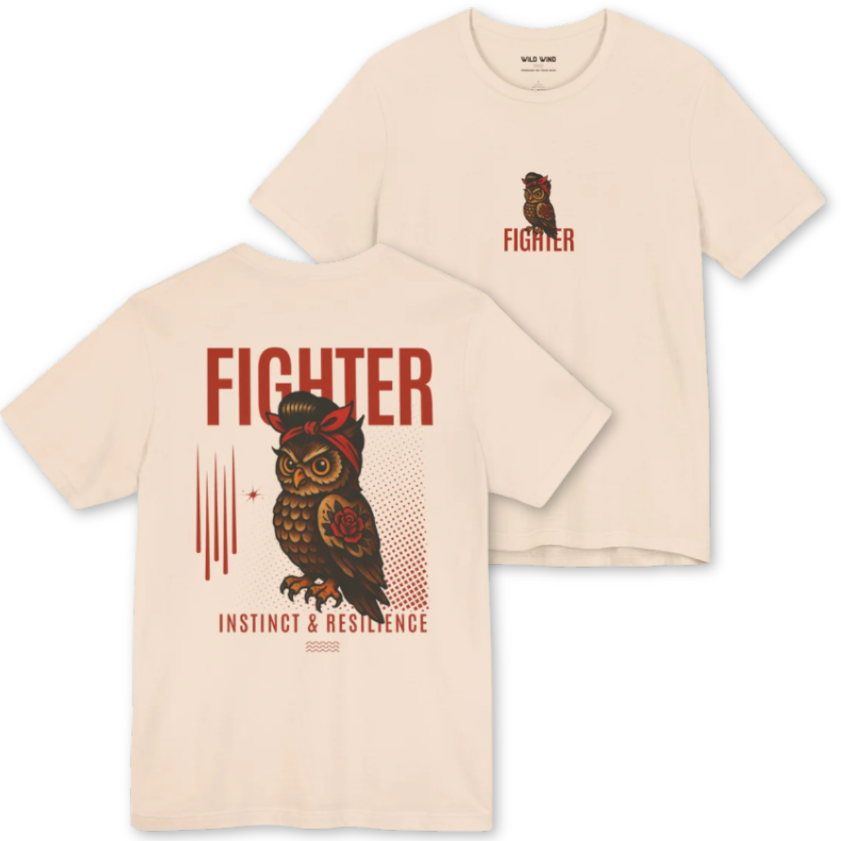 Two beige t-shirts with owl graphic and 'FIGHTER' text on a white background