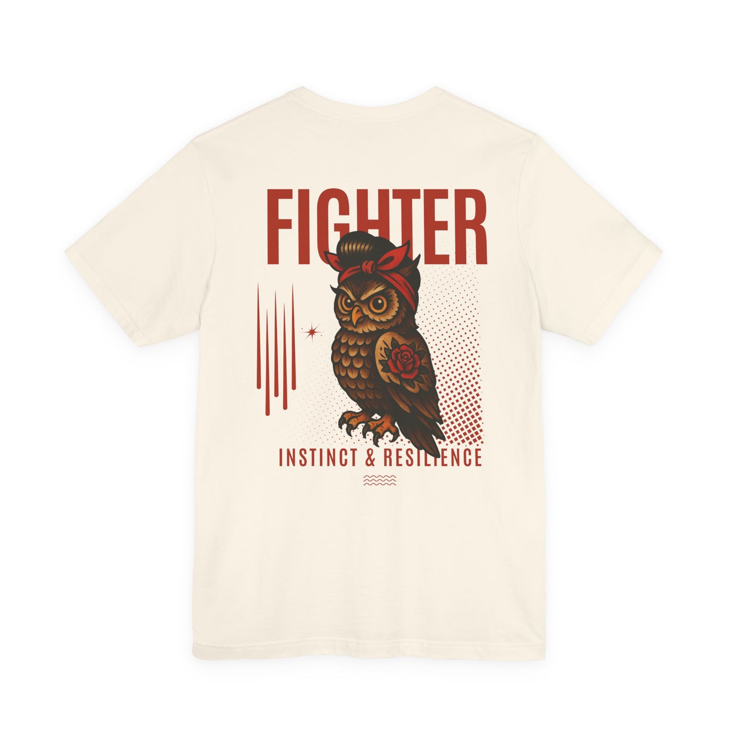 Beige t-shirt with an owl graphic and the text 'Fighter. Instinct and Resilience'