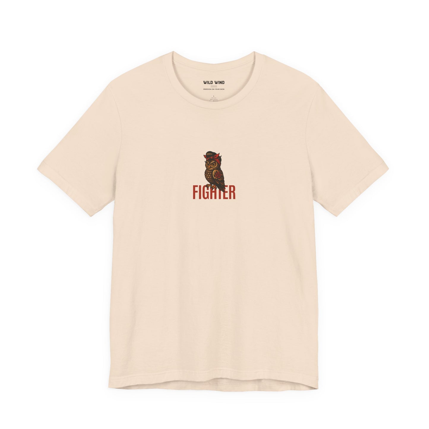 Beige t-shirt with a minimalistic graphic of an owl and the word 'FIGHTER'