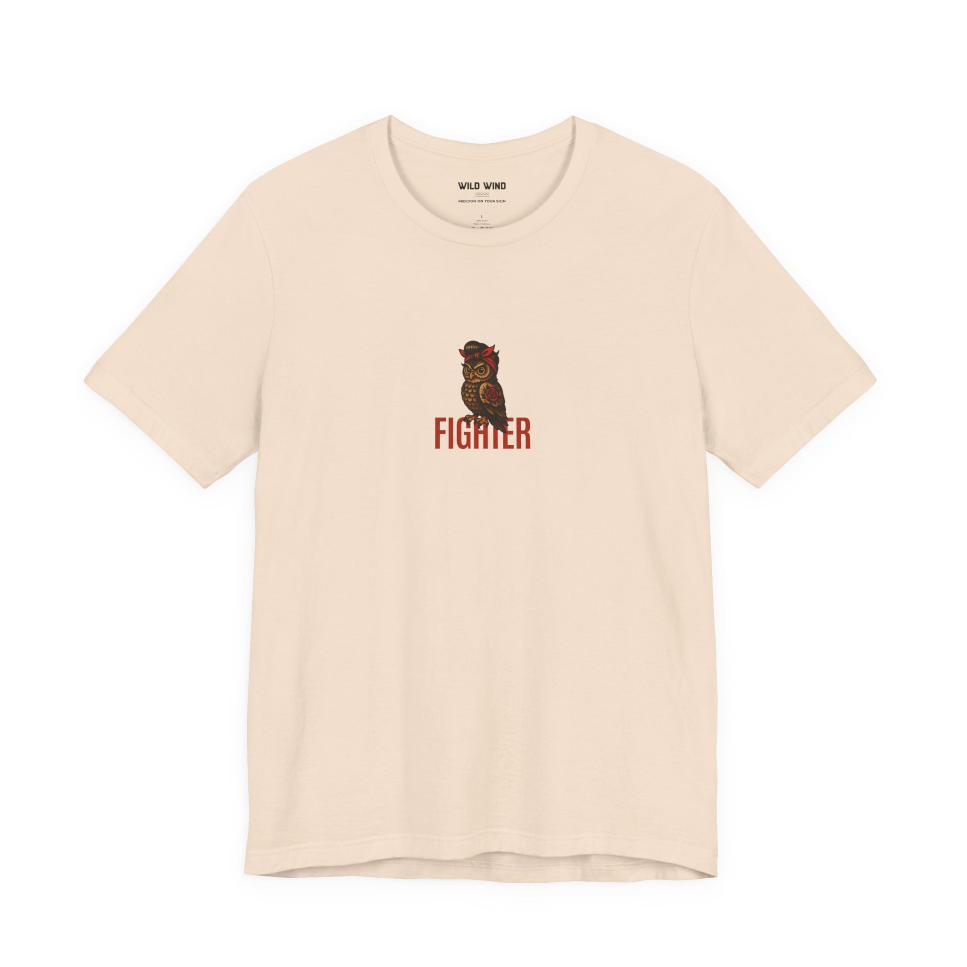 Beige t-shirt with a minimalistic graphic of an owl and the word 'FIGHTER'