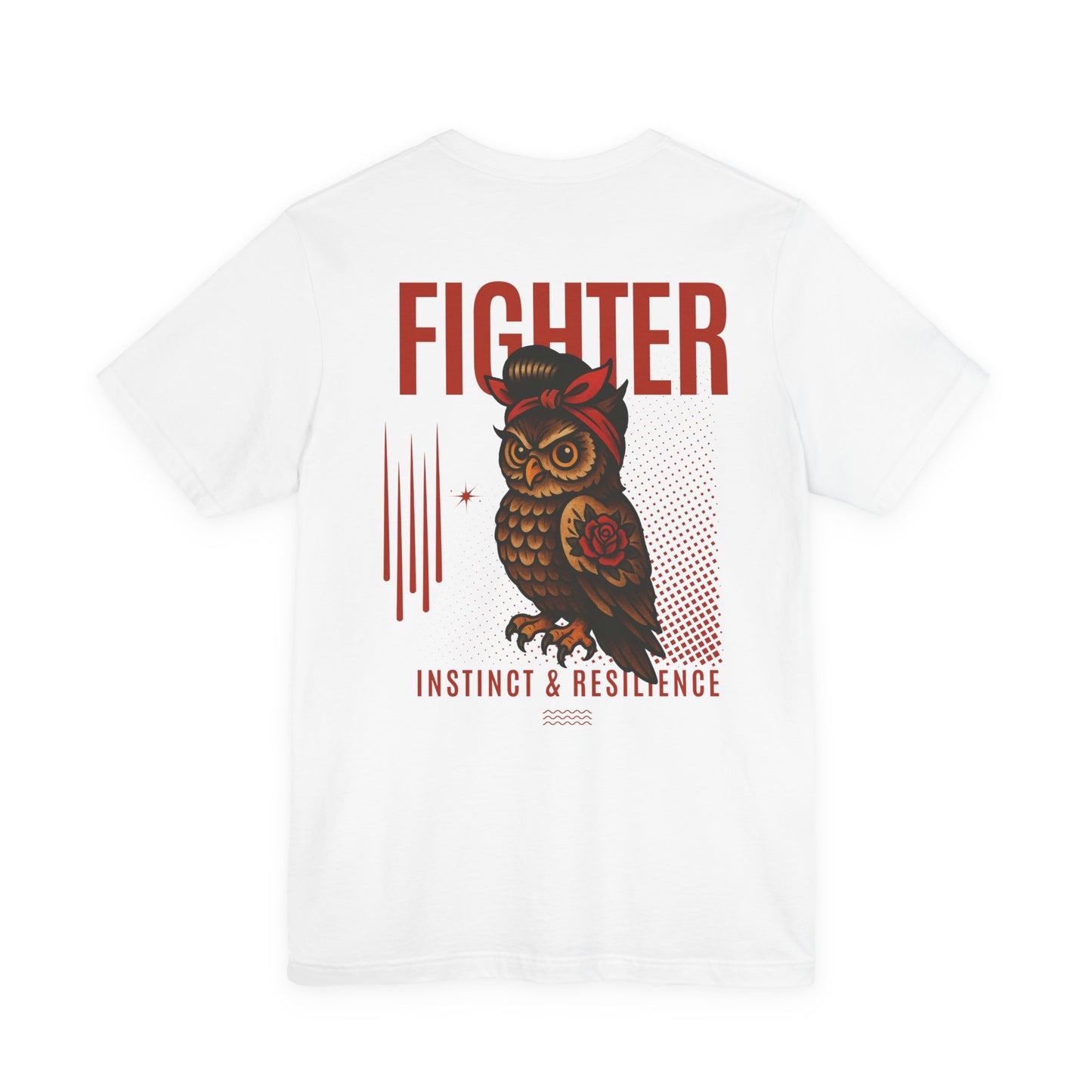 White t-shirt with an owl graphic and text Fighter Instinct and resilience