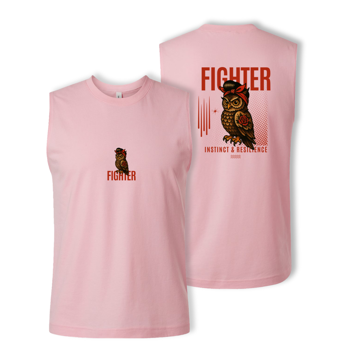 Pink sleeveless shirt with owl design and 'Fighter' text on a white background