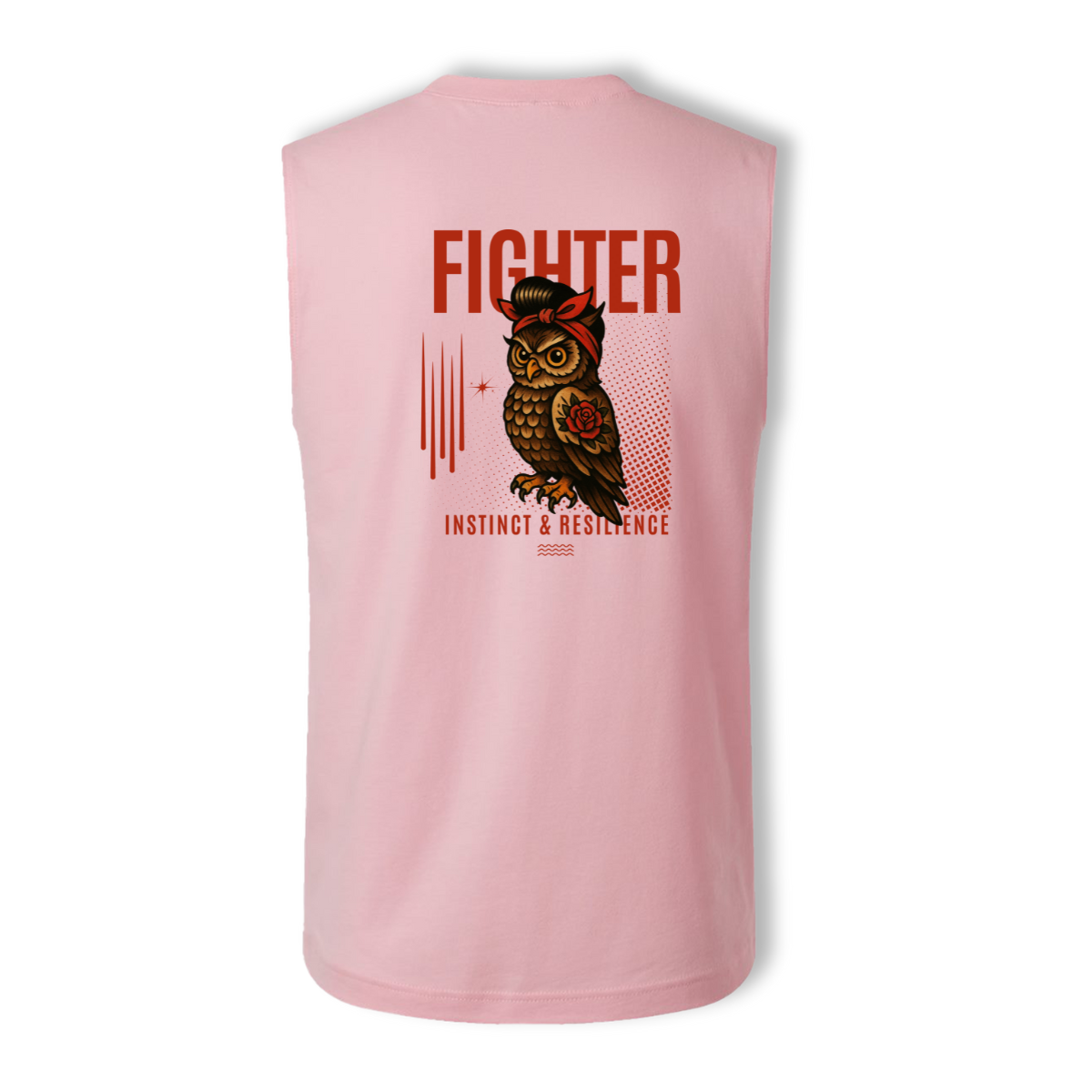 Pink sleeveless shirt with an owl graphic andthe word Fighter