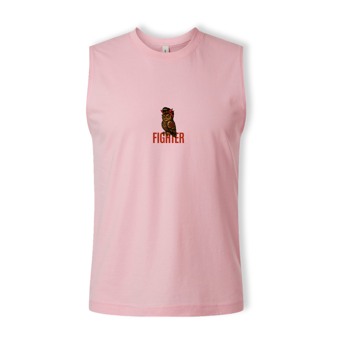 Pink sleeveless shirt with an owl graphic and 'FIGHTER' text on a white background