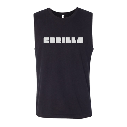 Black sleeveless shirt with white 'Gorilla' printed on.