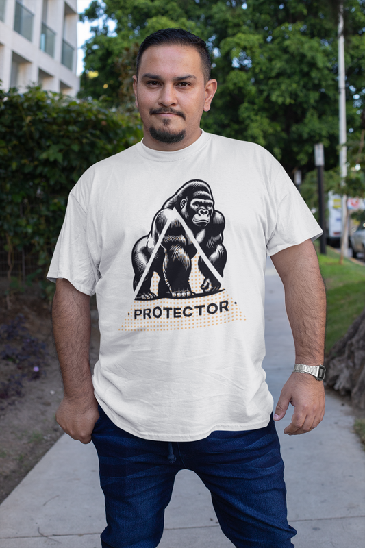 man wearing a gorilla Oversized Tee T shirt that says 'protector'
