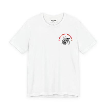 White t-shirt with ahardcore bastard dog on it
