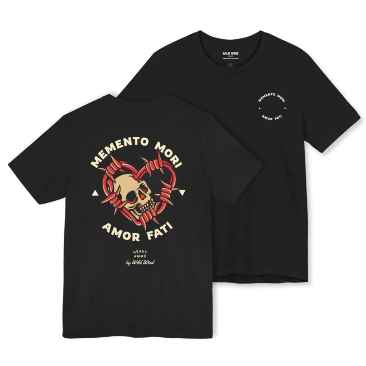 Black t-shirt featuring a skull and heart design on front and back, displayed flat.