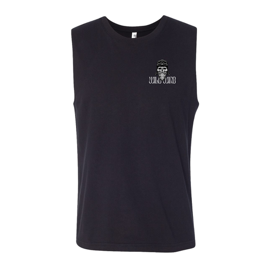 Black sleeveless shirt with a skull wearing a motorcycle helmet 