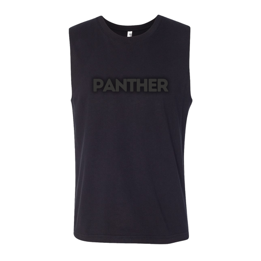 Black sleeveless shirt with 'PANTHER' text on a white background