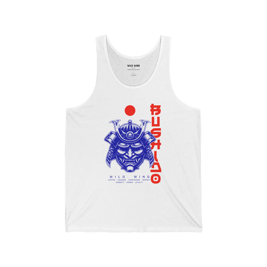White tank top with blue and red graphic design featuring a samurai warrior and the bushido code