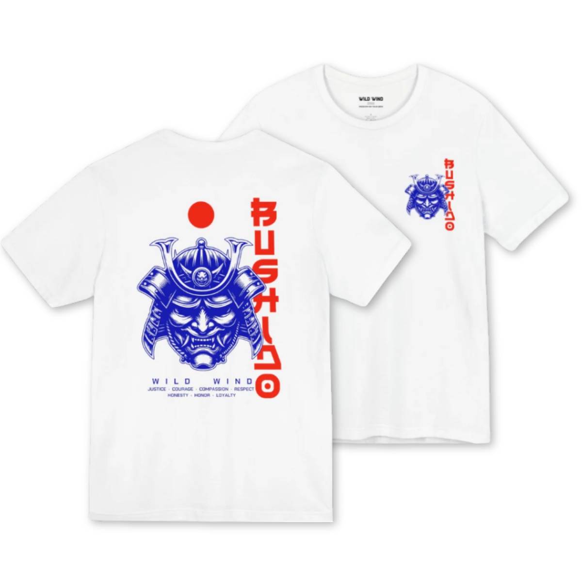 White t-shirt with blue and red graphics featuring a samurai warrior and the text 'bushido'