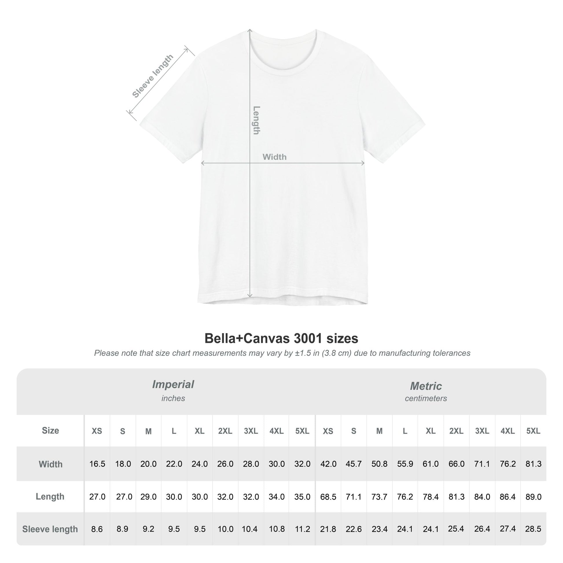 White t-shirt with measurement chart for Bella+Canvas 3001 sizes on a white background