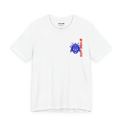 White t-shirt with a blue and red graphic on the chest featuring a samurai warrior