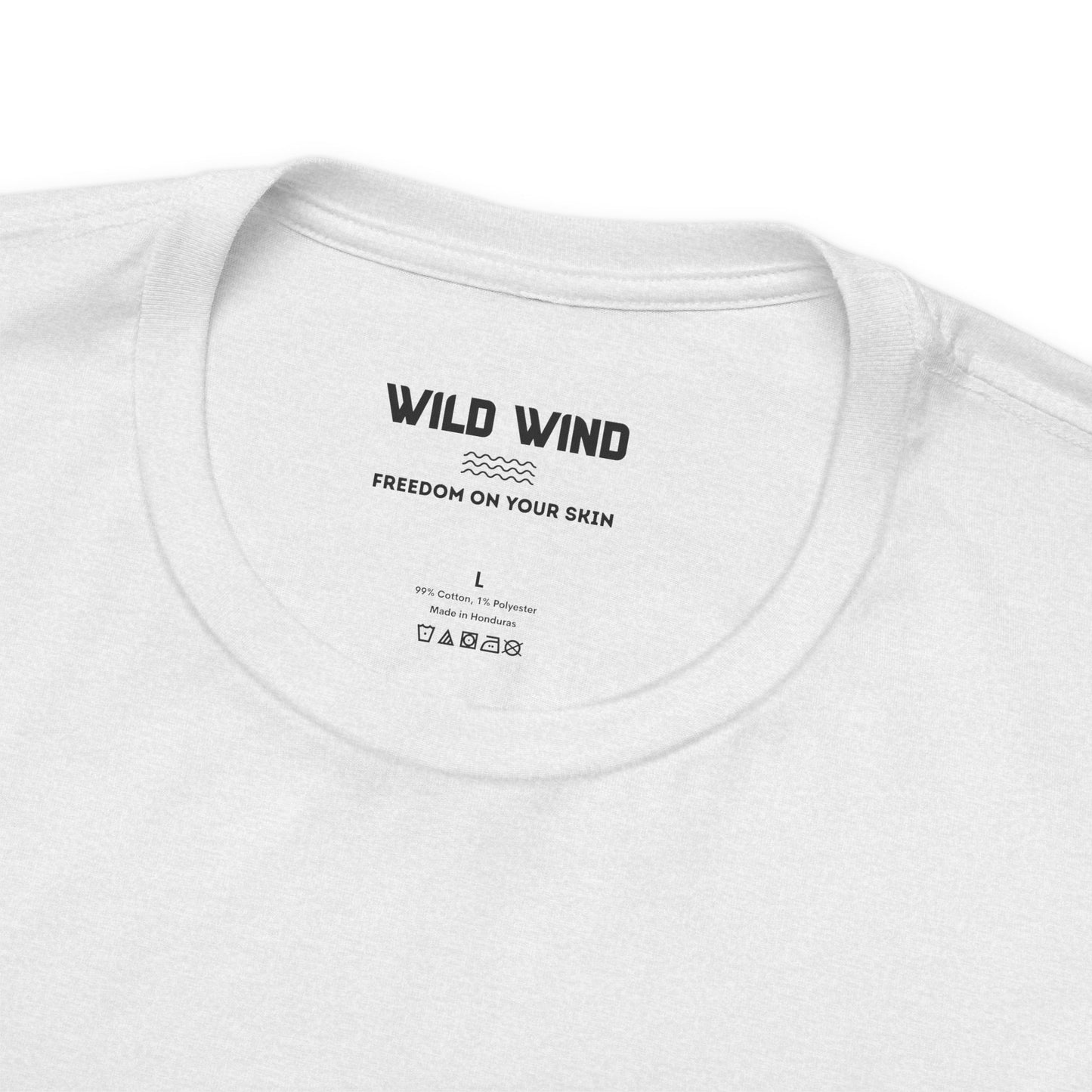 White t-shirt with 'Wild Wind' text and branding on a white background