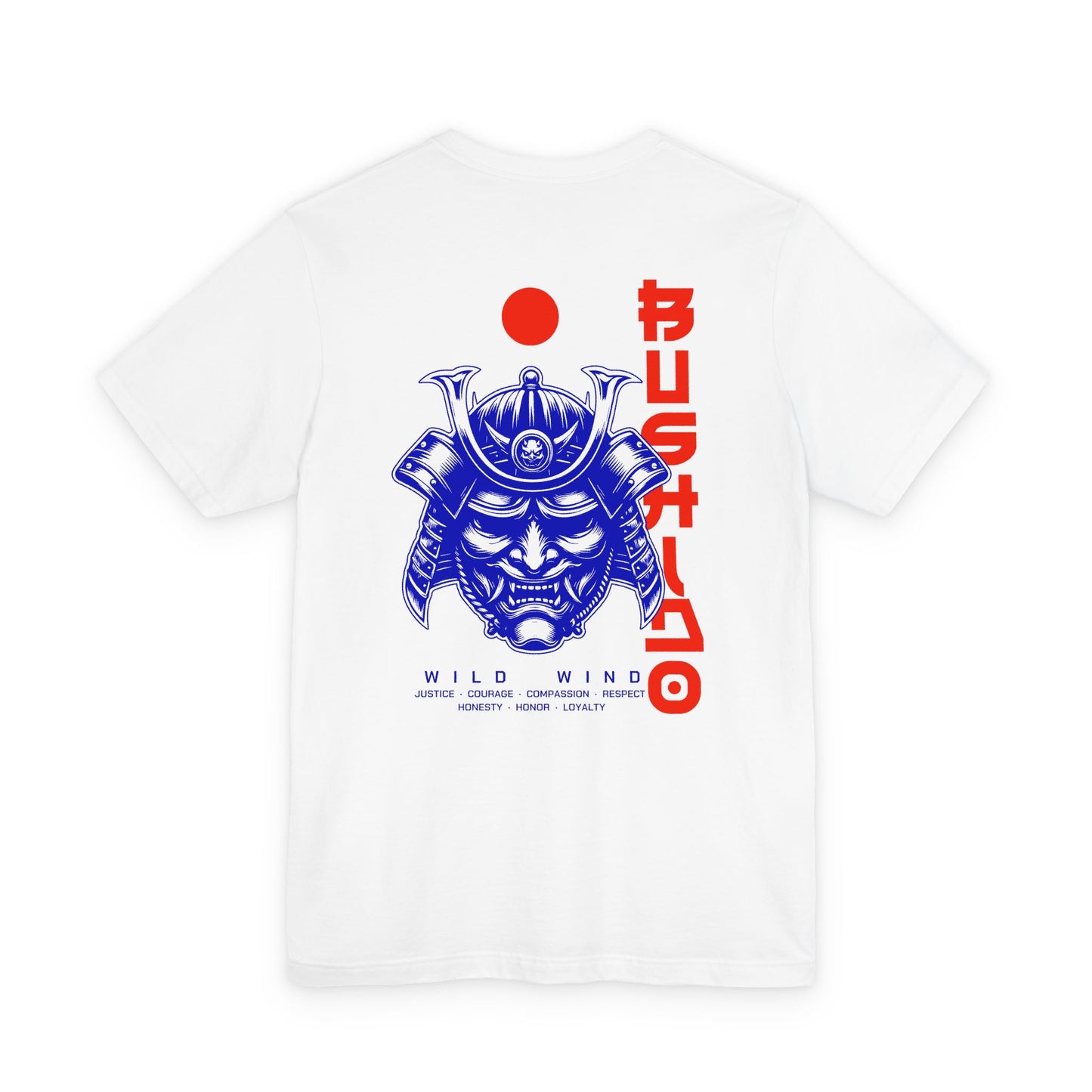 White t-shirt with blue and red graphic design featuring a samurai and the bushido honor code