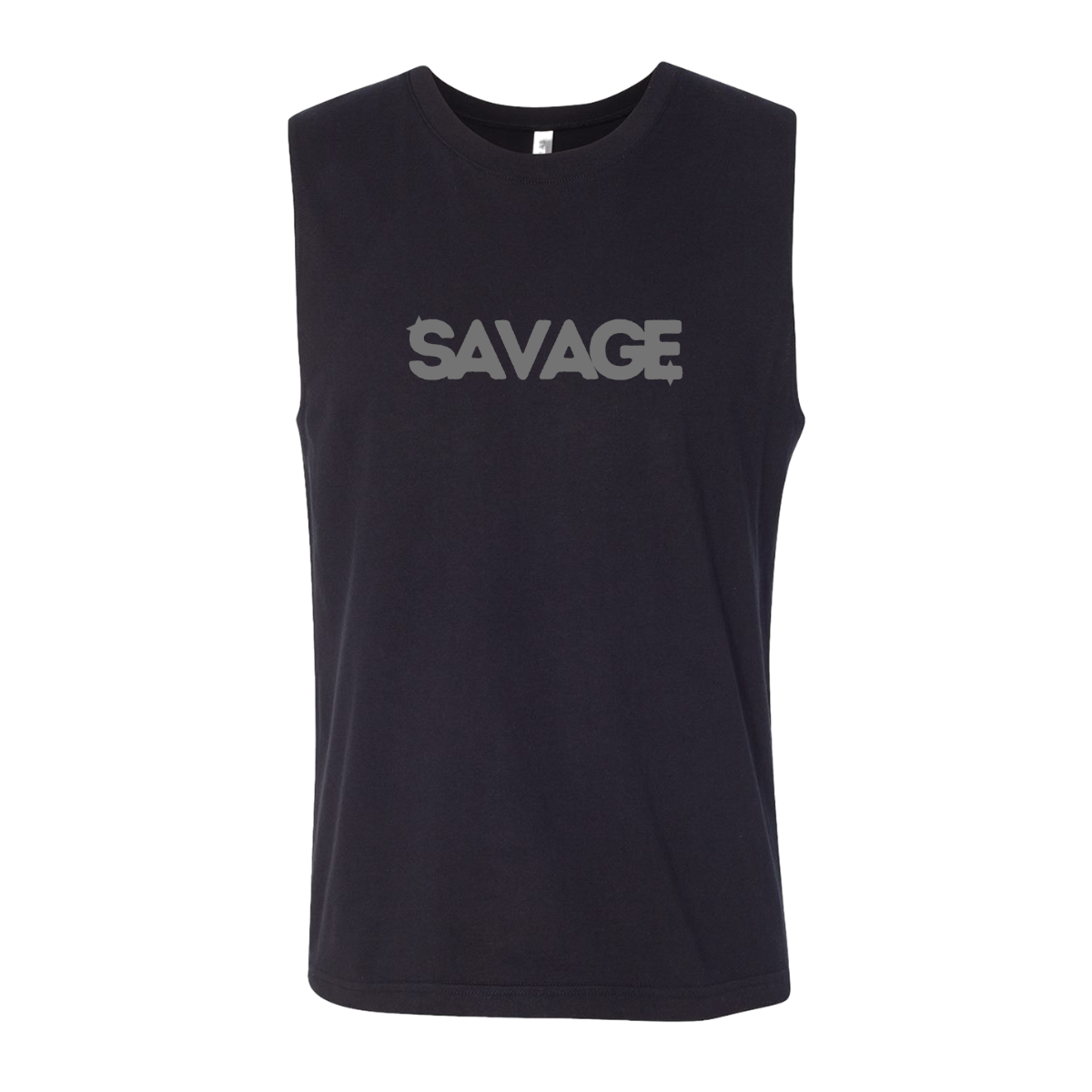 Black sleeveless shirt with 'SAVAGE' text on a white background