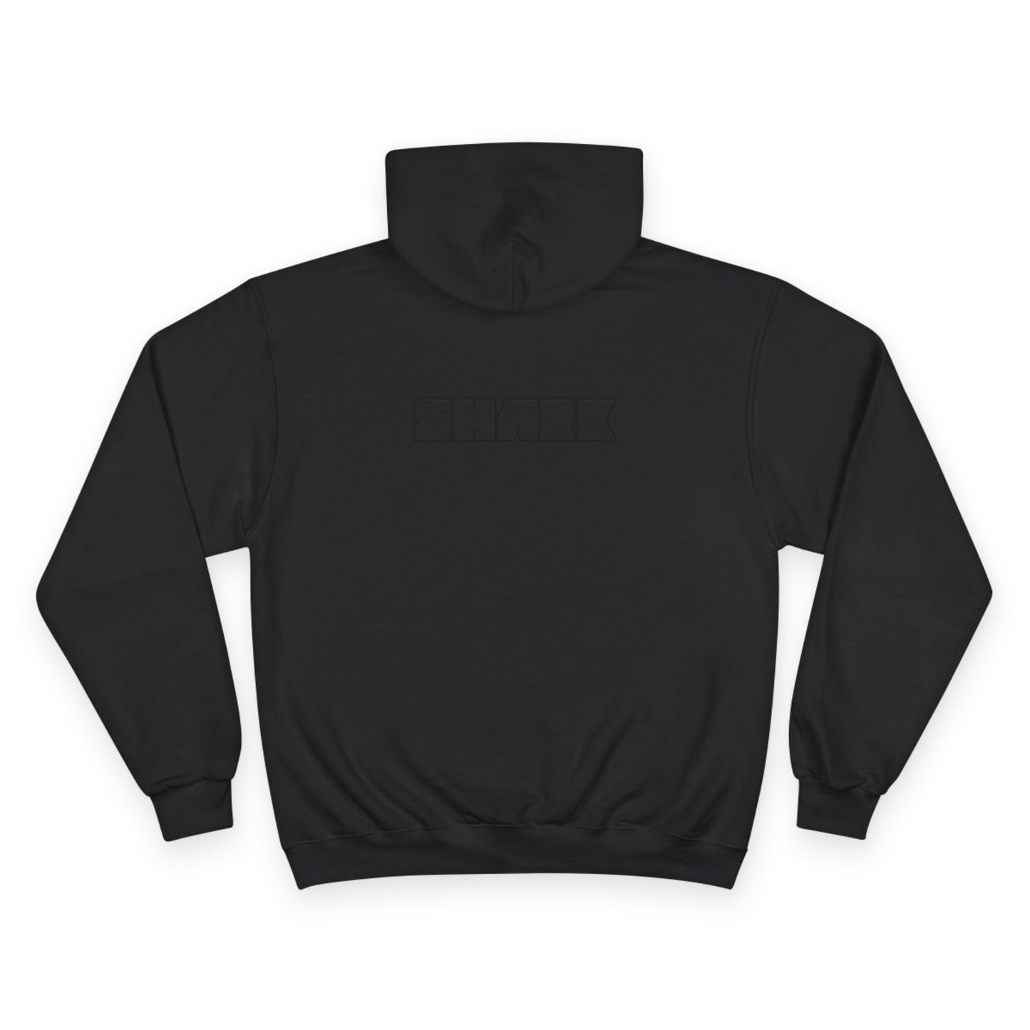 Black hoodie with a brand logo on the back against a white background