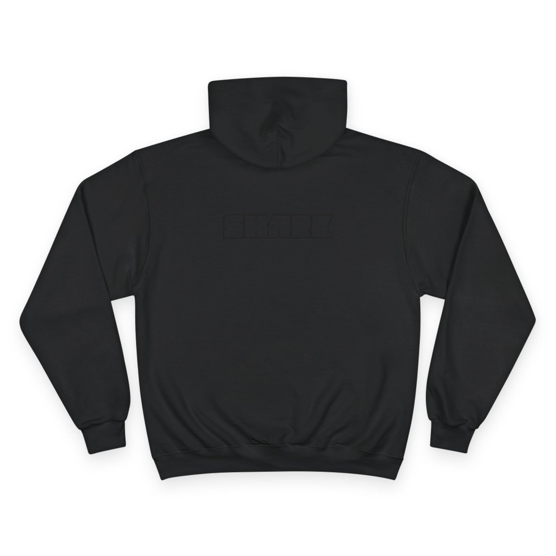 Black hoodie with a brand logo on the back against a white background